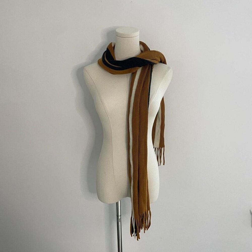 Striped Knit Fringe Scarf  | Mustard, Black & Cream